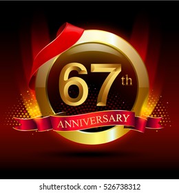 67th golden anniversary logo with ring and red ribbon. Vector design template elements for your birthday celebration.