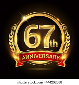 67th golden anniversary logo, with shiny ring and red ribbon, laurel wreath isolated on black background, vector design