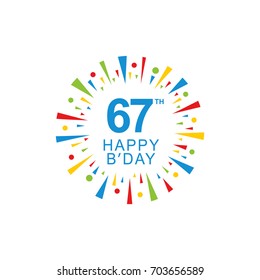 67th Happy Birthday logo, circle shape, colorful sunburst, red blue green yellow color