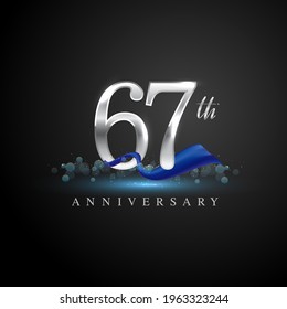 67th silver anniversary logo with blue ribbon isolated on elegant background, sparkle, vector design for greeting card and invitation card.