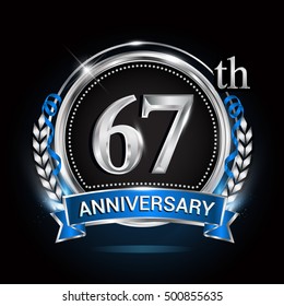 67th silver anniversary logo with laurel wreath, blue ribbon and ring. vector design