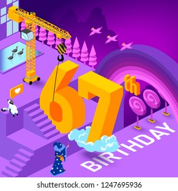 67th year Anniversary Celebration concept with characters. Flat isometric vector illustration