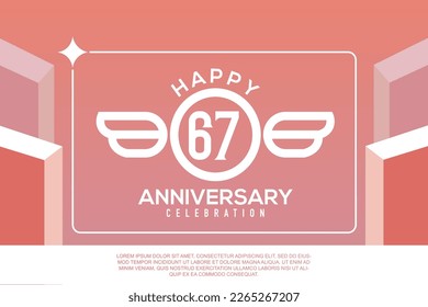67th year anniversary design letter with wing sign concept template design on pink background abstract illustration