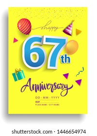 67th Years Anniversary invitation Design, with gift box and balloons, ribbon, Colorful Vector template elements for birthday celebration party.