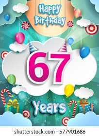 67th Years Birthday Design for greeting cards and poster, with clouds and gift box, balloons. design template for anniversary celebration.
