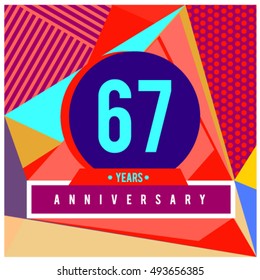 67th years greeting card anniversary with colorful number and frame. logo and icon with Memphis style cover and design template. Pop art style design poster and publication.