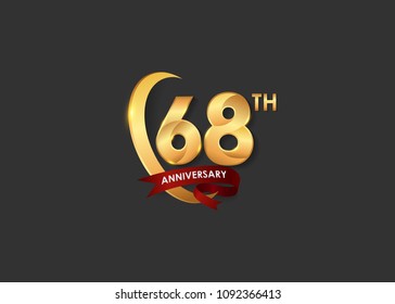 68 anniversary design logotype golden color with ring and red ribbon for celebration