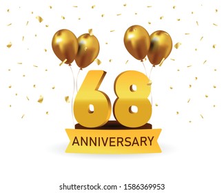 68 Anniversary gold numbers with golden confetti. Celebration anniversary event party template.