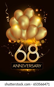 68 Anniversary Logo Celebration with Golden balloon and confetti, Isolated on dark Background