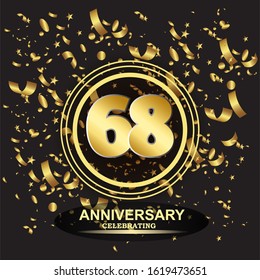 68 anniversary logo with confetti golden colored isolated on black background, vector design for greeting card and invitation card