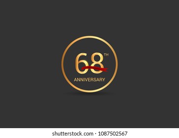 68 anniversary vector design golden color with ring and red ribbon isolated on black background
