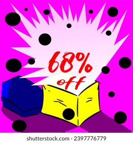 68% box releasing discount for sale, illustration, yellow, blue, purple, white, red and black