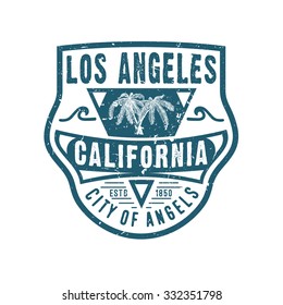 68 CITY OF ANGELS LOS ANGELES CALIFORNIA. Handmade Palms trees  retro style. Design fashion apparel textured print. T shirt graphic vintage grunge vector illustration badge label logo template. 