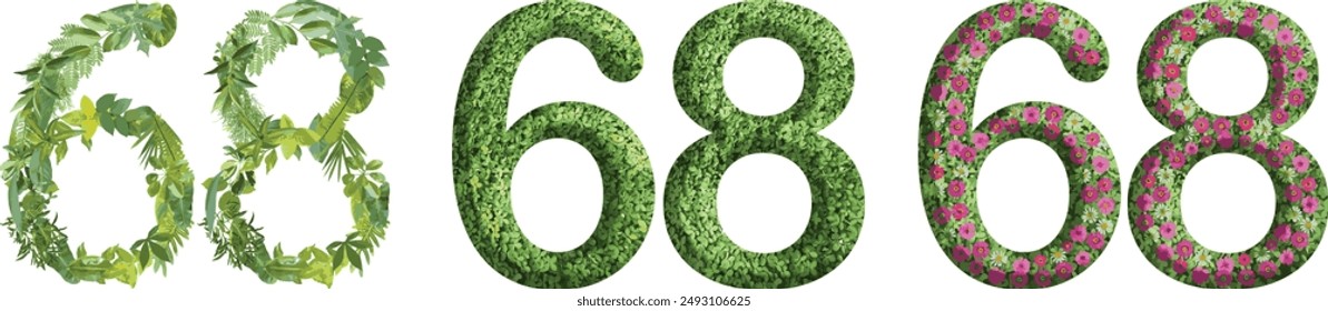 68, design made from green grass, leaves and flower, .suitable for birthday, anniversary and memorial day templates, go green concept	
