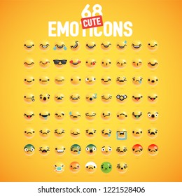 68 different cute high-detailed emoticon set for web, vector illustration