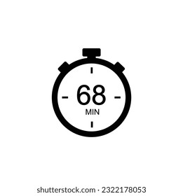 68 minutes vector icon. Time left symbol isolated. Stopwatch black sign Vector EPS 10.