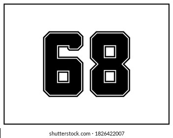 68 number classic american, college style font. Uniform letter in black with a black outside contour line. Vintage sport font.For jersey, t-shirt, basketball, baseball, football. Isolated vector