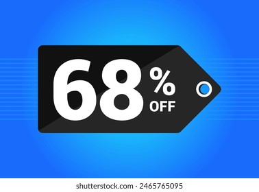 68% off. Black and blue tag with Sixty Eight percent discount. Shopping concept vector. Vector illustration.
