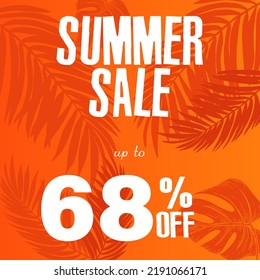 68 % Rabatt. Eine helle Vektorgrafik einer sommerlichen Verkaufswerbung mit einer fantastischen Schriftart und einem schönen orangefarbenen Hintergrund mit tropischen Blättern.
