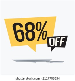 68% off discount sticker sale yellow tag isolated vector illustration. discount offer price label, vector price discount symbol floating