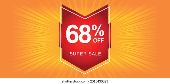 68% de descuento. Banner naranja con 68 por ciento de descuento en un globo rojo para mega ofertas.