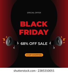 68% off sale Black Friday header with special offer advertising. Sixty eight. Promotional banner with discount and loudspeakers. Vector illustration.