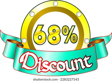 68% Rabatt, gelbe Scheibe und grünes Band, Vektorgrafik für Groß- und Einzelhandel, illustrative Kunst, schöne Illustration, Vektorgrafik. Gott ist gut!