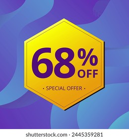 68% Sale and Discount Label. Sixty eight percent Sale Discount label Geometric design. Abstract Blue and Yellow Hexagon. Vector illustration.