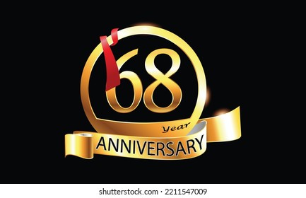 68 Year Anniversary celebration Vector Design with ring and red ribbon. 68th Anniversary celebration. Gold Luxury Banner of 68th Anniversary celebration. sixty-eight celebration card. 