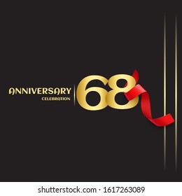 68 year anniversary logo template on black background. golden numbers with red ribbon vector