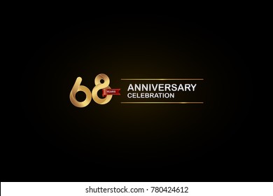 68 Years Anniversary Celebration Logotype with Golden, Silver and Red Ribbon Isolated on Black Background. Vector Design for Invitation Card, Greeting Card, Banner. 