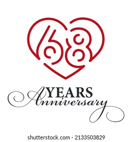 68 years anniversary celebration number thirty bounded by a loving heart red modern love line design logo icon white background
