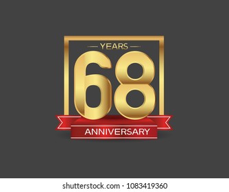 68 years anniversary design logotype golden color with square and red ribbon for celebration event isolated on black background