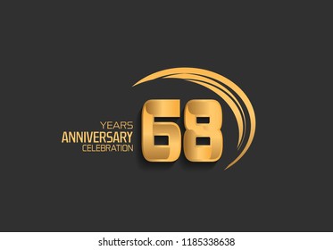68 years anniversary golden design logotype with swoosh. Vector template for use in celebration company event, greeting card, and invitation card