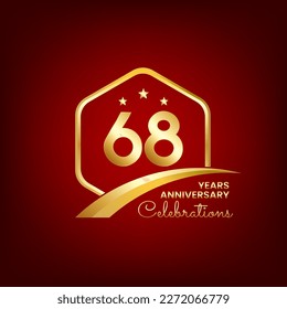 68 years anniversary inside of gold hexagon and curve with red backgrounds