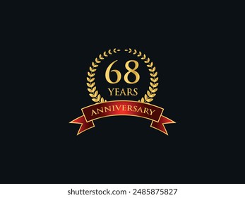 68 Years Anniversary Logo. Celebrating Success. Symbol of Eternal Achievement. Proud Heritage. Logo with Laurel Wreath and Ribbon. Years of Glorious Memories. Jubilee of Joy. Golden Celebratory Crest.