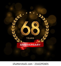 68 years anniversary logo with golden  laurel and red ribbon for booklet, leaflet, magazine, brochure poster, banner, web, invitation or greeting card. Vector illustrations.