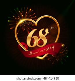 68 years anniversary logo golden colored,with love shape, red ribbon, and fireworks background