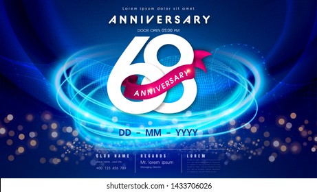 68 years anniversary logo template on dark blue Abstract futuristic space background. 68th modern technology design celebrating numbers with Hi-tech network digital technology concept design elements.