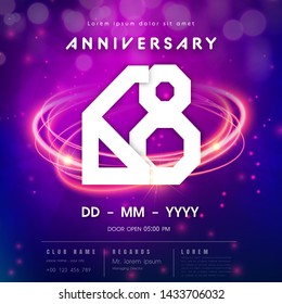 68 years anniversary logo template on purple Abstract futuristic space background. 68th modern technology design celebrating numbers with Hi-tech network digital technology concept design elements.