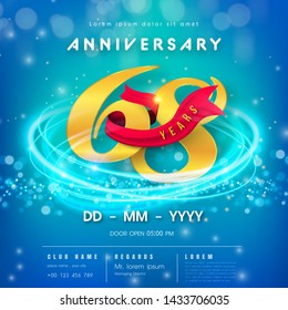 68 years anniversary logo template on blue Abstract futuristic space background. 68th modern technology design celebrating numbers with Hi-tech network digital technology concept design elements.