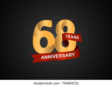 68 years anniversary logotype with elegance gold color and warp red ribbon