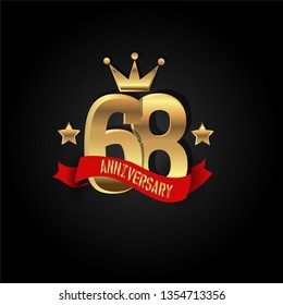 68 years Anniversary simple design with golden font, star and crown and red ribbon. Red ribbon and golden text on top golden number. My all design can see in my portofolio