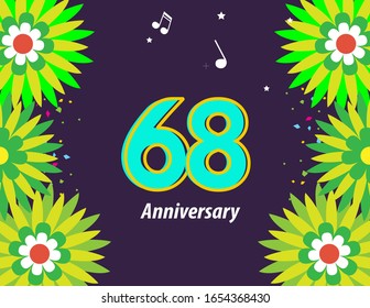 68 Years anniversary. Vector design greeting card with decorative floral frame.