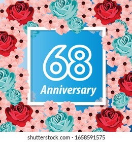 68 Years anniversary. Vector design greeting card with decorative floral for celebration