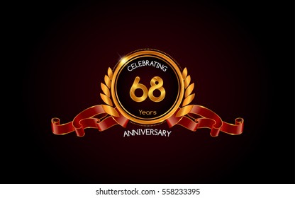 68 years gold anniversary celebration logo with red ribbon , isolated on dark background