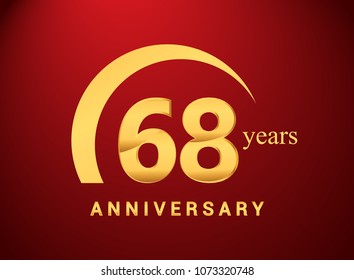 68 years golden anniversary logo with golden ring isolated on red background, can be use for birthday and anniversary celebration.