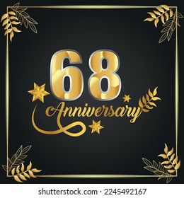 Logo de lujo de 68 años. año aniversario de la plantilla de color oro vector enmarcada por palmas.
