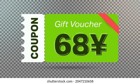 68 Yuan coupon promotion sale for website, internet ads, social media.Big sale and super sale coupon code Japanese yen 68 discount gift voucher coupon vector illustration summer offer ends weekend