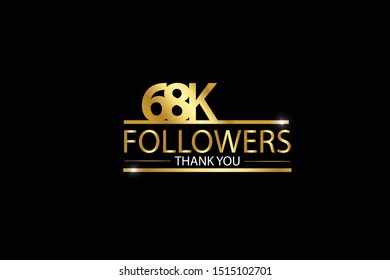 68k, 68.000 Followers celebration logotype. anniversary logo with golden and Spark light white color isolated on black background for social media - Vector
